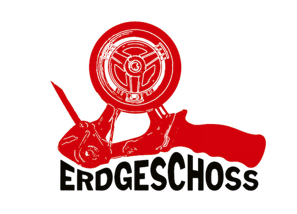 Erdgeschoss record label logo featuring a red tape dispenser and reel